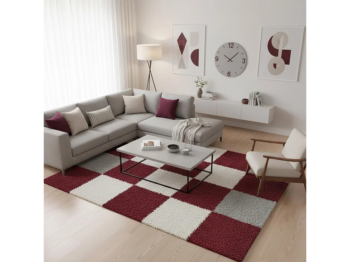 Tapis poils longs shaggy 60x110 rectangle tissé rouge et gris motif damier