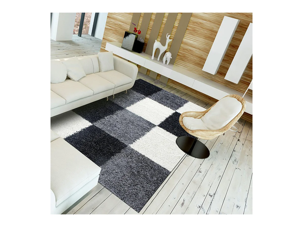 Tapis poils longs shaggy 120x170 rectangle tissé gris et noir motif damier
