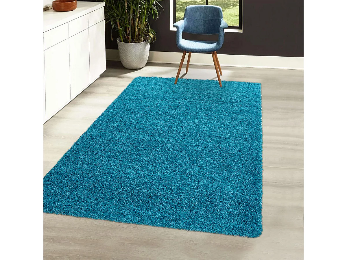 Tapis poils longs shaggy Ø120cm rond tissé bleu motif uni UNI C