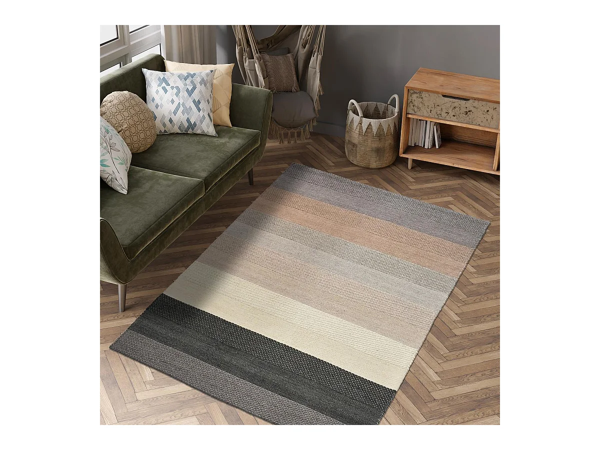 Tapis kilim 200x290 rectangle fait à la main en laine beige et bleu