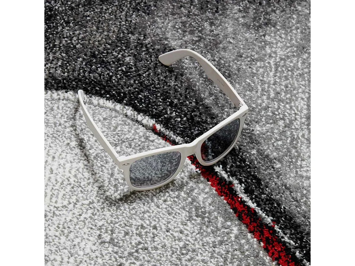 tappeto per camera 100x100 tessuto motivo geometrico quadrato rosso e grigio MADILA