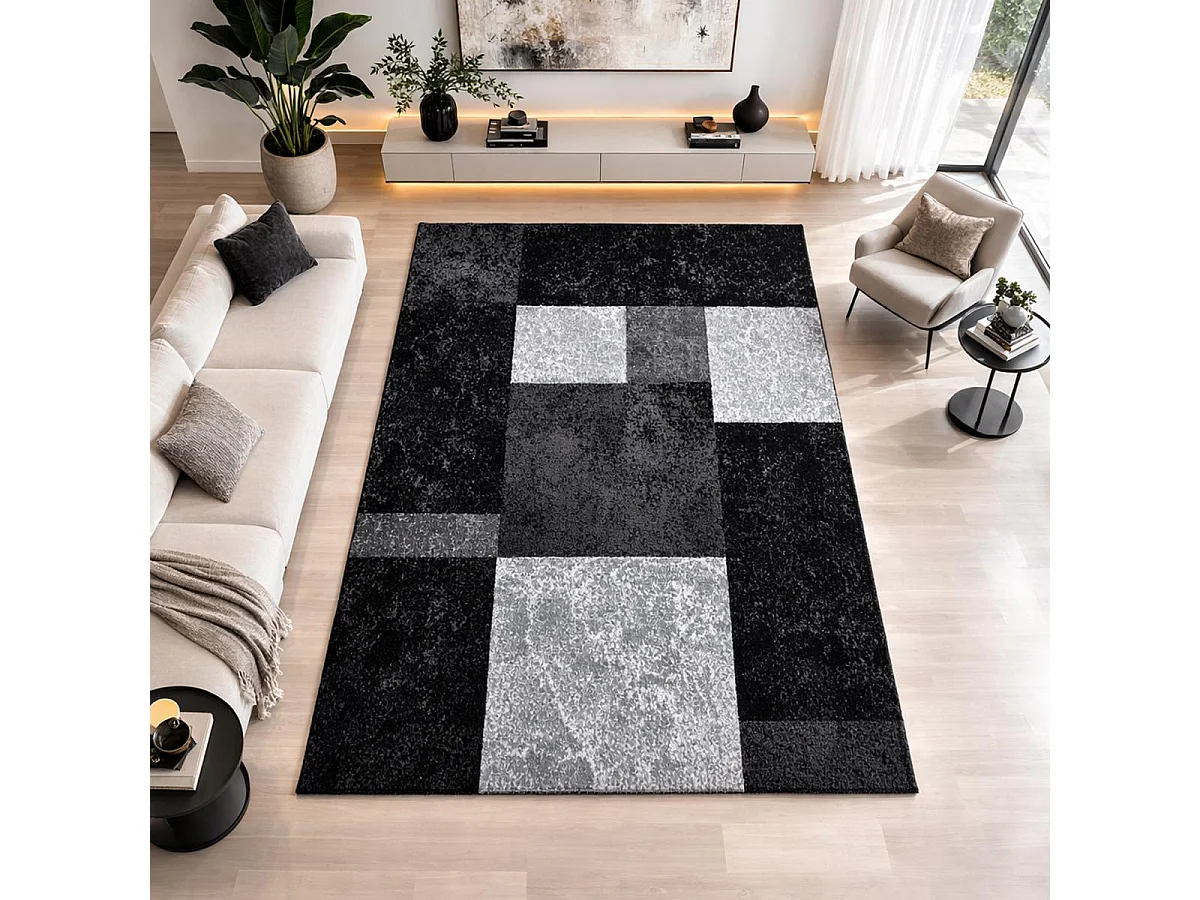 tapis chambre 120x170 tissé noir et gris rectangle motif géométrique CARARELLE