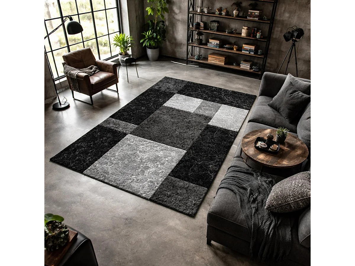 tapis chambre 120x170 tissé noir et gris rectangle motif géométrique CARARELLE