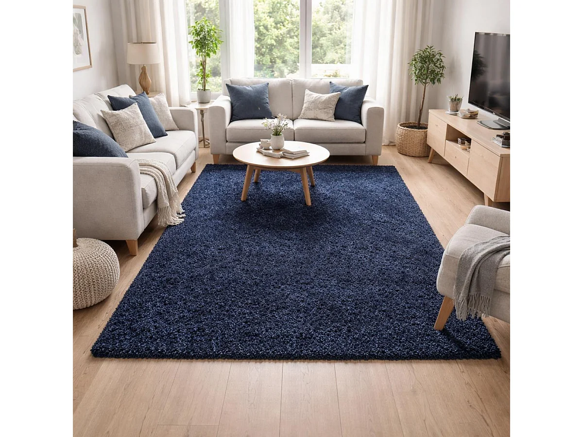 Tapis poils longs shaggy 100x200 rectangle tissé bleu marine motif uni UNI L