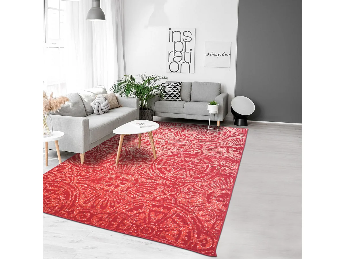 tapis salon 160x225 tissé rouge et beige rectangle motif rétro-vintage