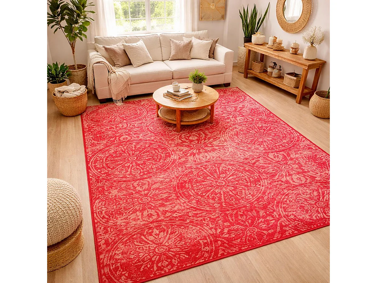 tapis salon 160x225 tissé rouge et beige rectangle motif rétro-vintage