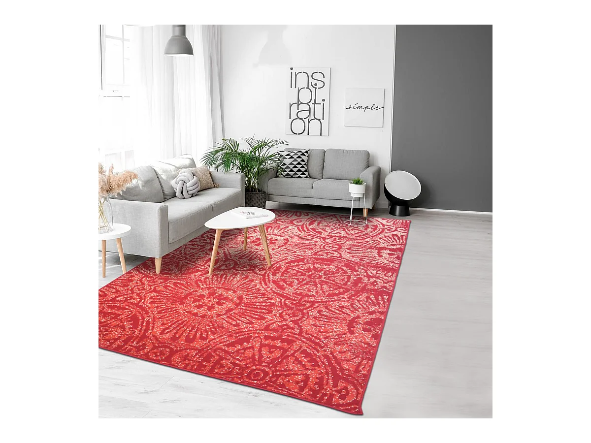 tapis chambre 120x170 tissé rouge et beige rectangle motif rétro-vintage