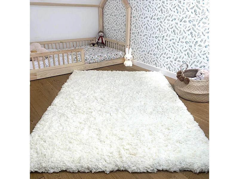 Tapis longs poils shaggy 80x150 rectangle fait à la main crème motif uni