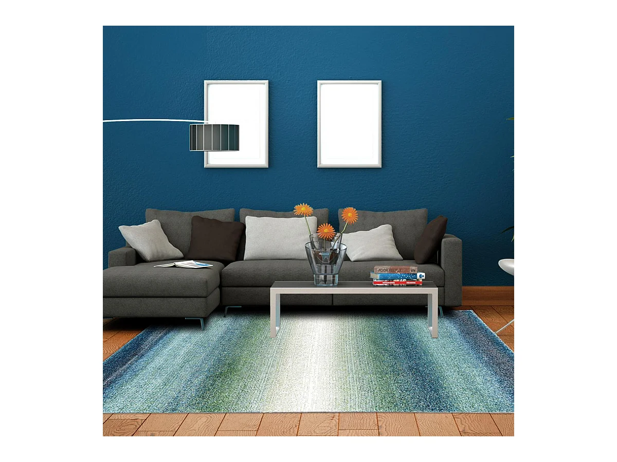 tapis chambre 60x110 tissé bleu et bleu clair rectangle motif géométrique BRADO