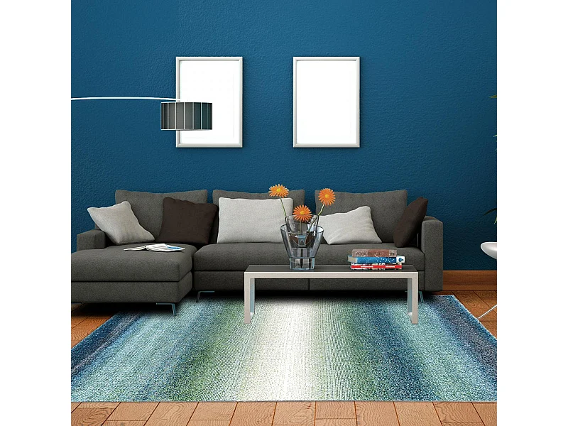 tapis chambre 60x110 tissé bleu et bleu clair rectangle motif géométrique BRADO