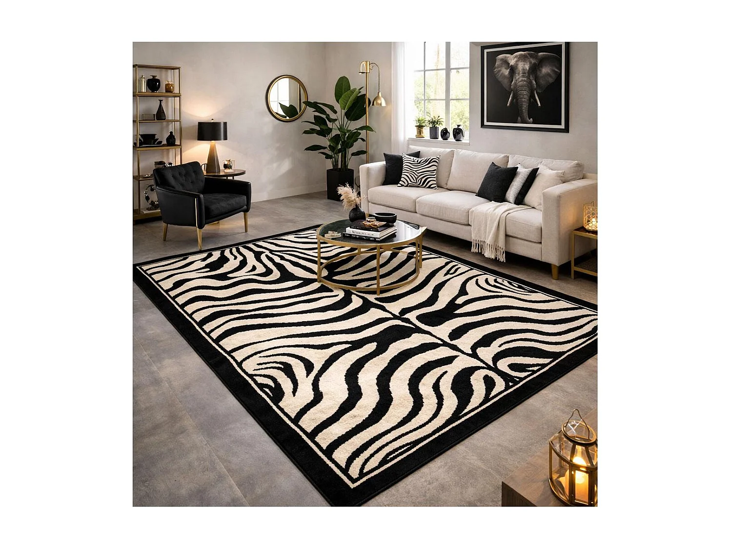 tapis salon 160x225 tissé noir rectangle motif animaux LYN1 ZEBRO
