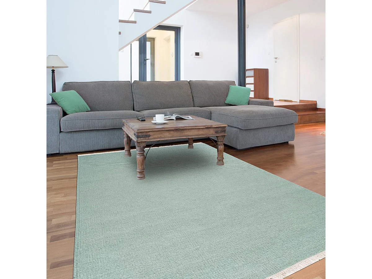 Tapis kilim 80x150 rectangle fait main en laine vert motif uni LYN12 BAYA IBAY