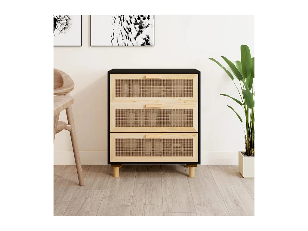 Buffet Noir 60x30x70 cm Bois de pin massif et rotin naturel
