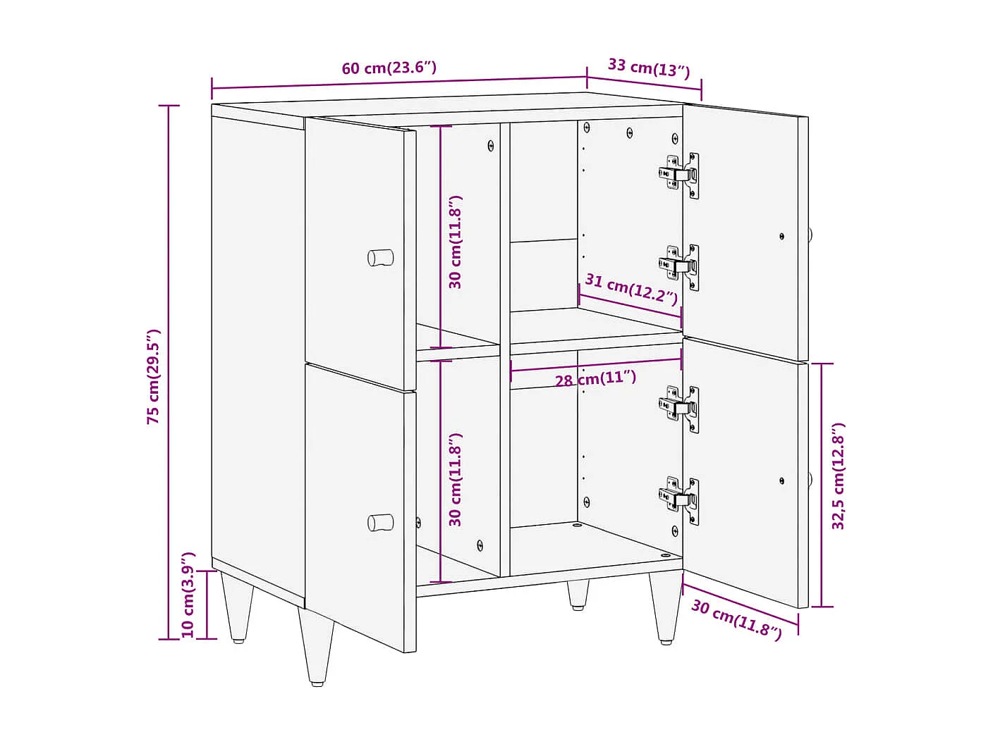 Armoire latérale 60x33x75 cm bois massif de manguier