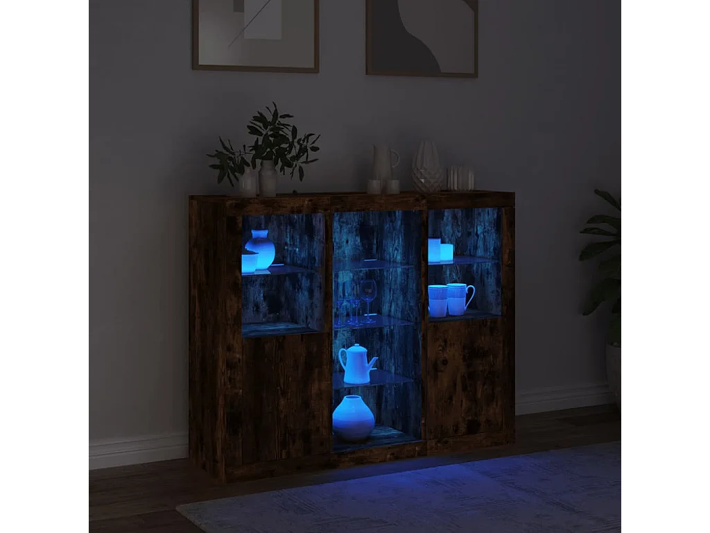 Buffets avec lumières LED 3 pièces chêne fumé bois d'ingénierie