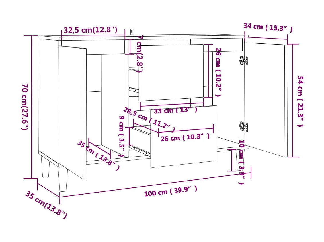 Dressoir 101x35x70 cm bewerkt hout hoogglans wit