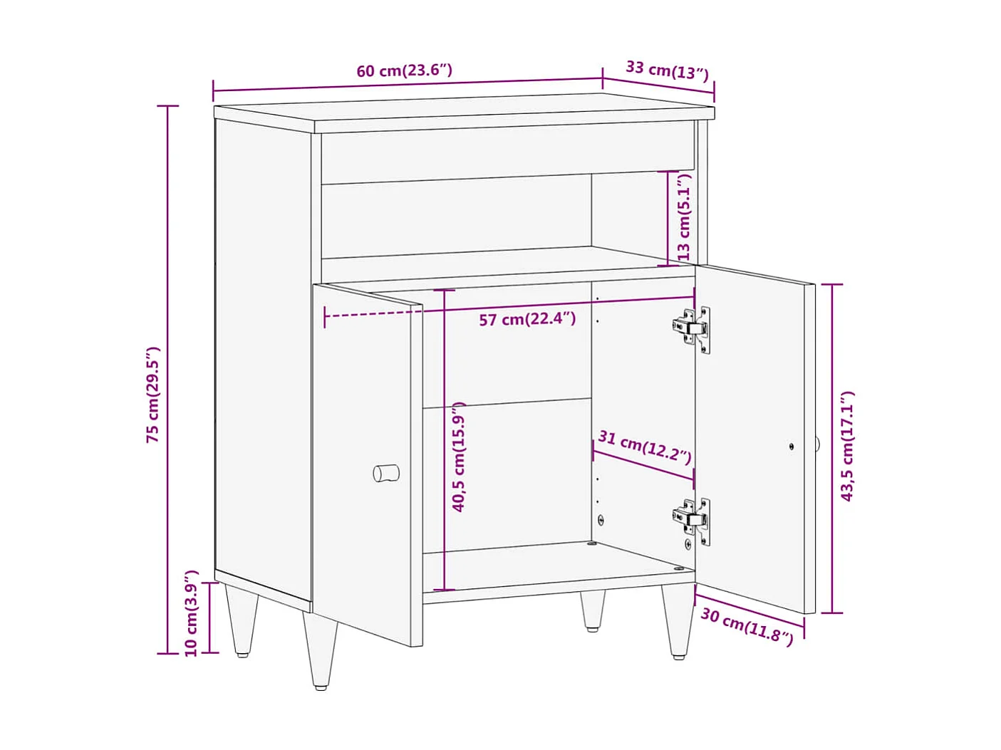 Armoire latérale 60x33x75 cm bois massif de manguier