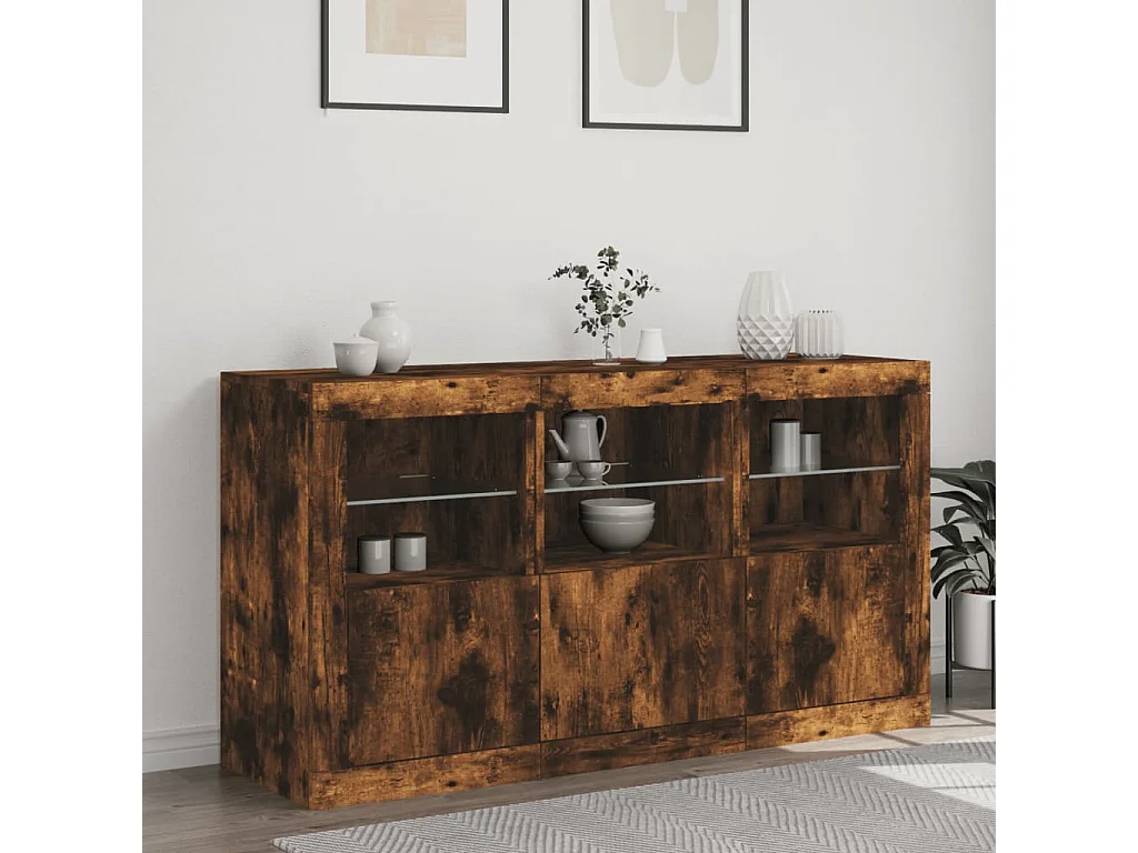 Buffet avec lumières LED chêne fumé 123x37x67 cm