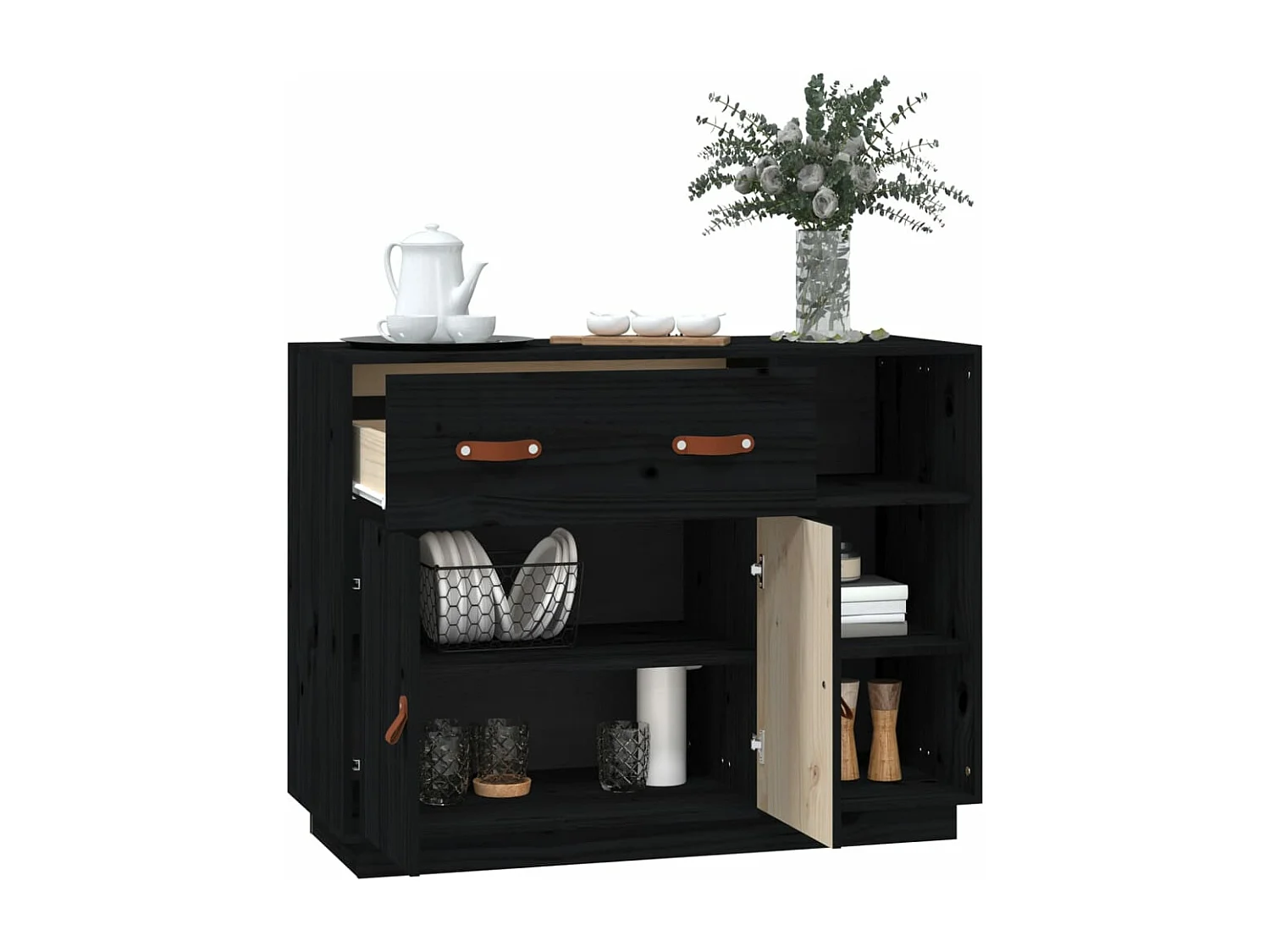 Buffet Noir 98,5x40x75 cm Bois massif de pin