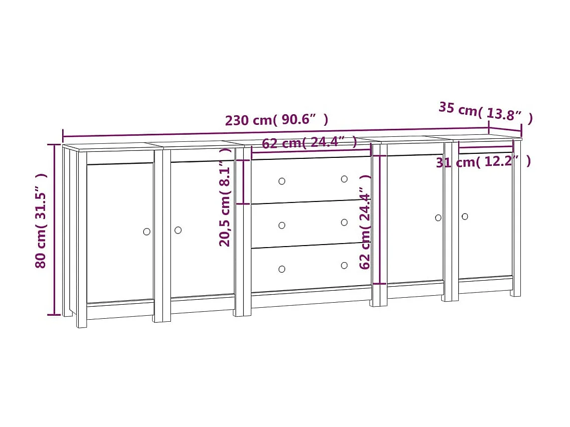 Dressoir 230x35x80 cm massief grenenhout wit