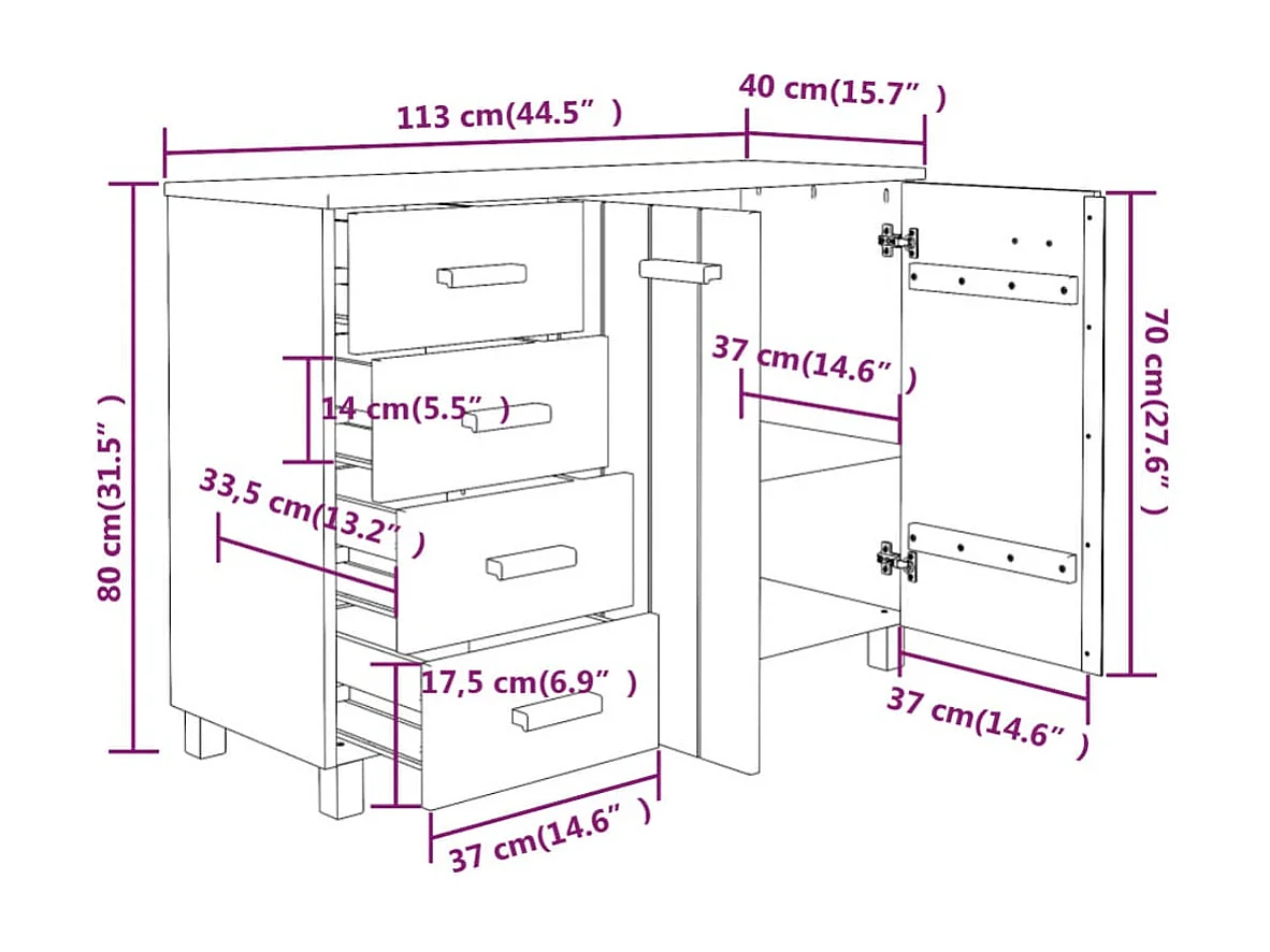 Buffet HAMAR Gris foncé 113x40x80 cm Bois massif de pin