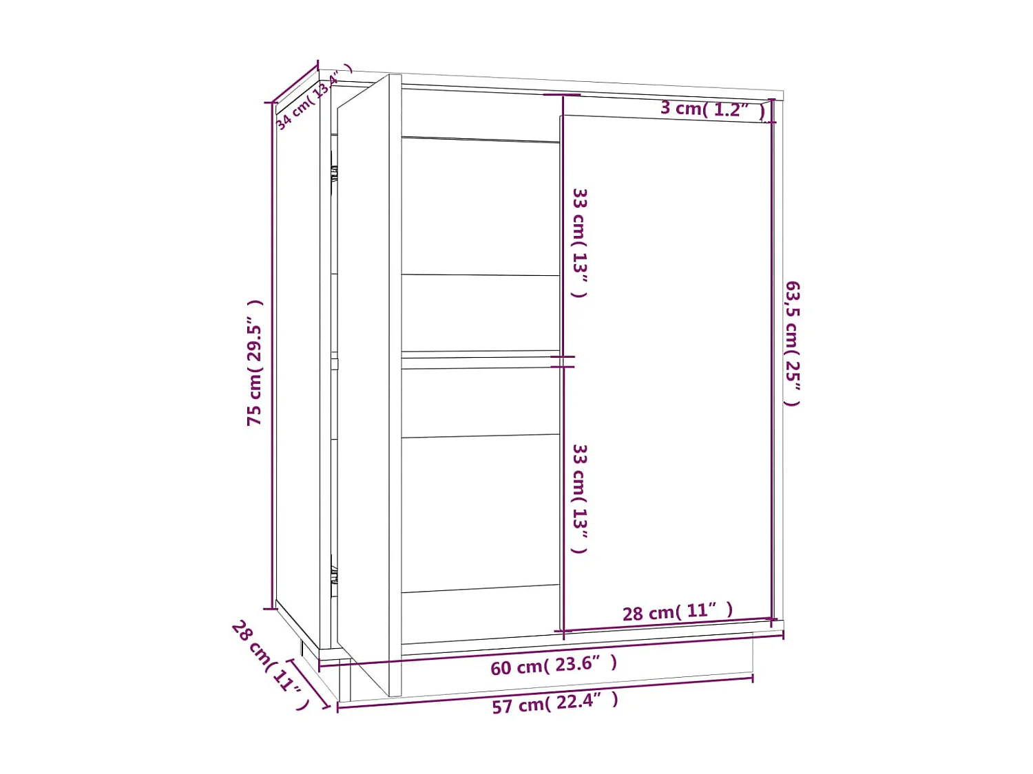 Buffet Blanc 60x34x75 cm Bois massif de pin