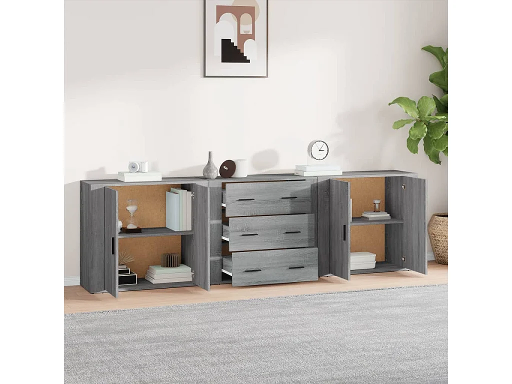 Aparadores 3 piezas madera contrachapada gris Sonoma