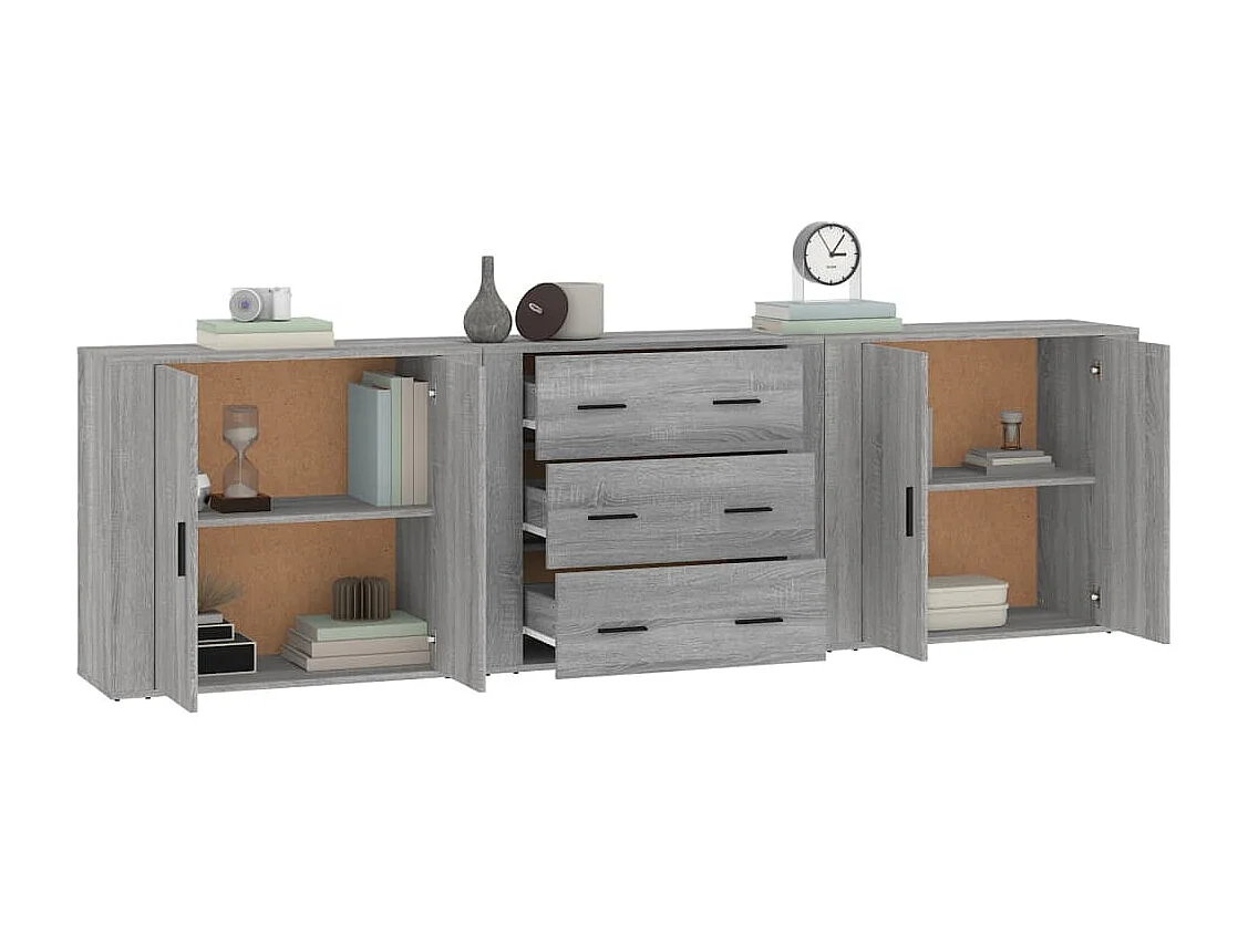 Aparadores 3 piezas madera contrachapada gris Sonoma