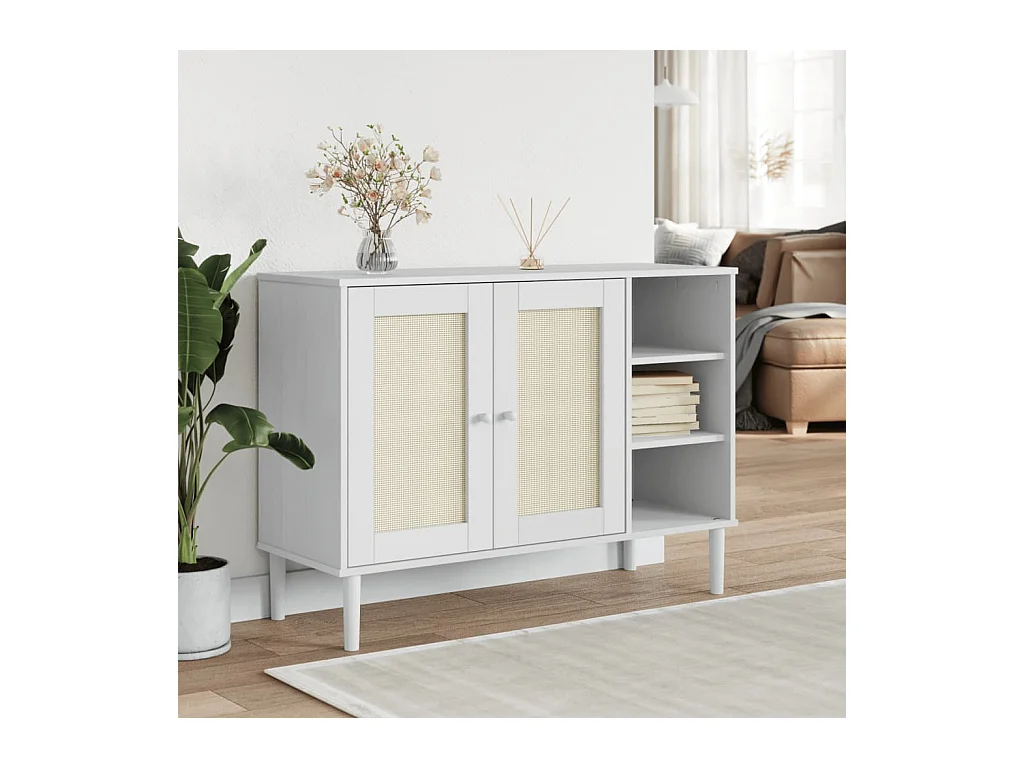 Buffet SENJA aspect rotin blanc 112x40x80cm bois massif de pin