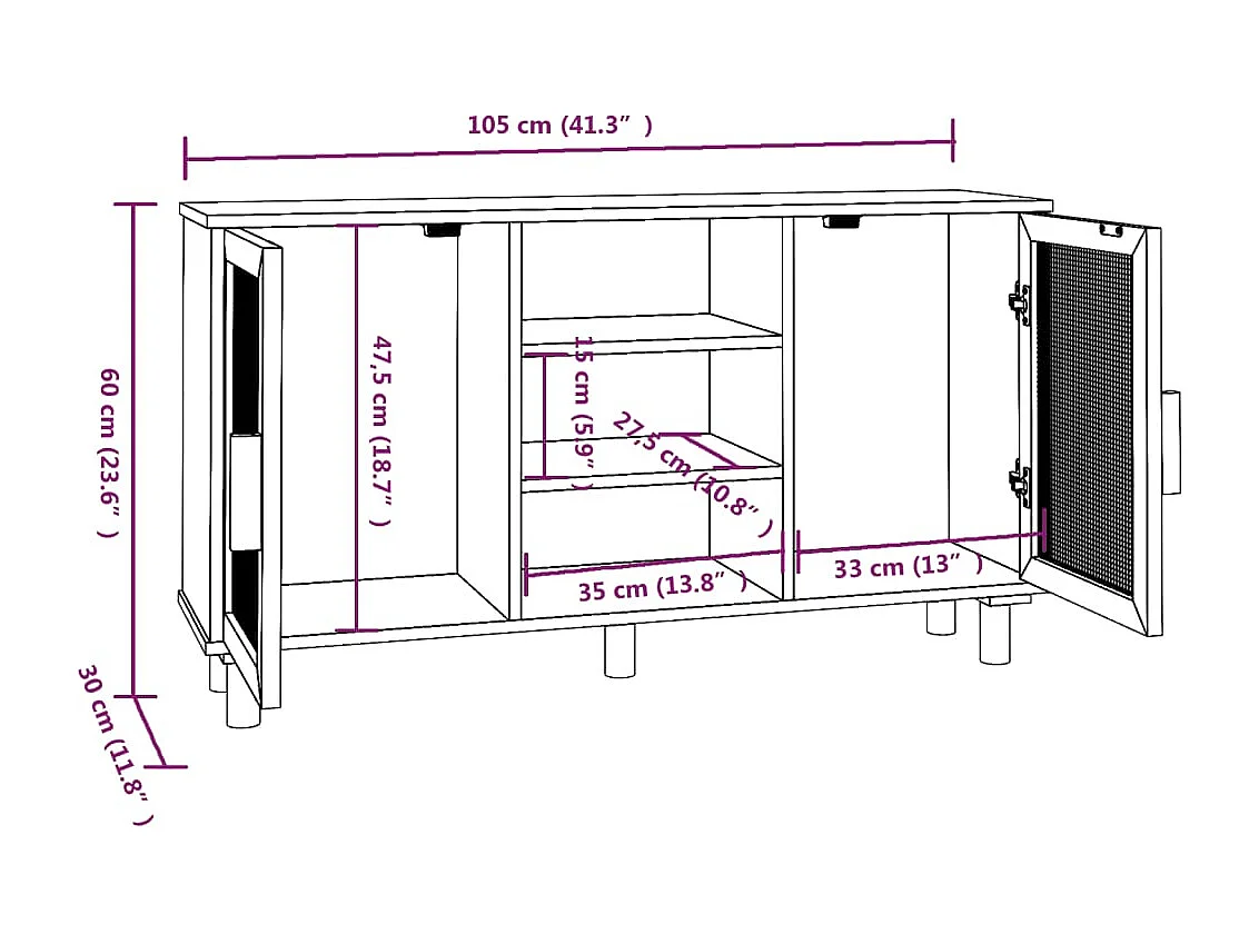 Buffet Noir 105x30x60 cm Bois de pin massif et rotin naturel