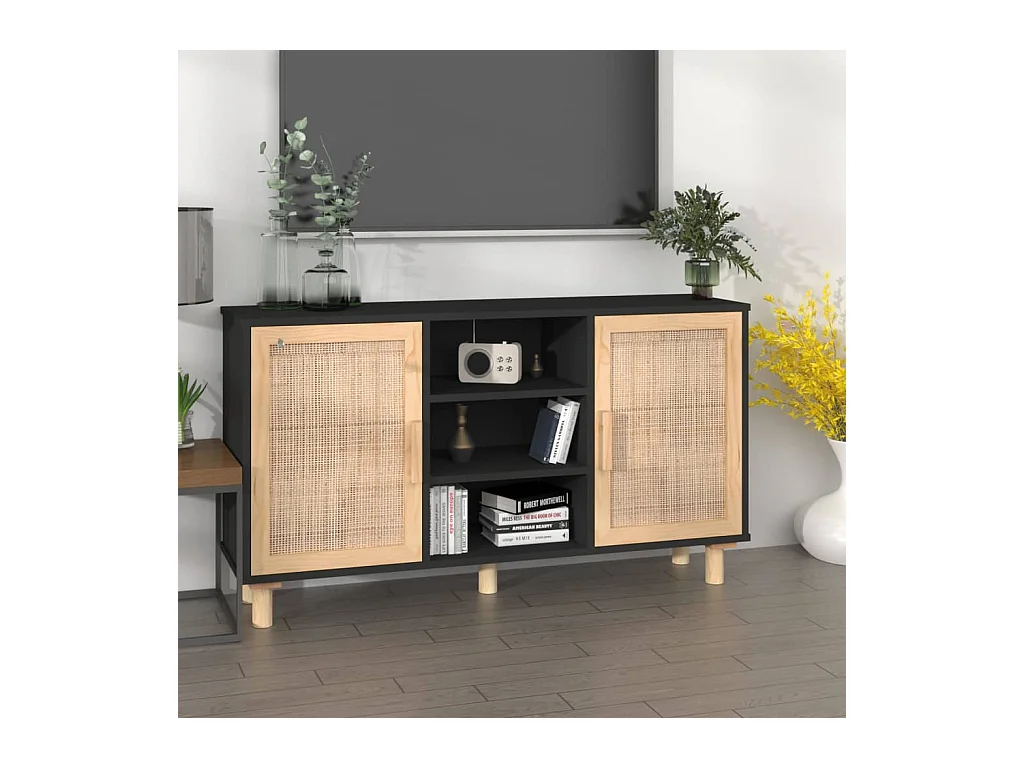 Buffet Noir 105x30x60 cm Bois de pin massif et rotin naturel