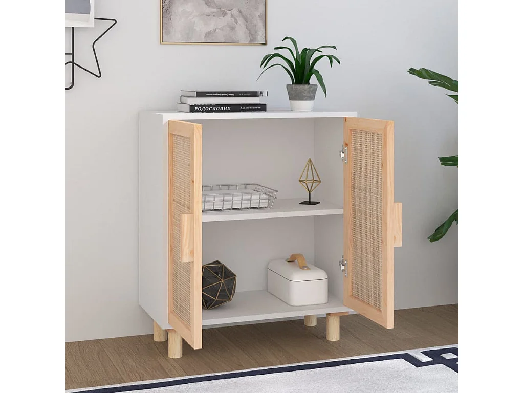 Aparador blanco madera pino maciza y ratán natural 60x30x70 cm