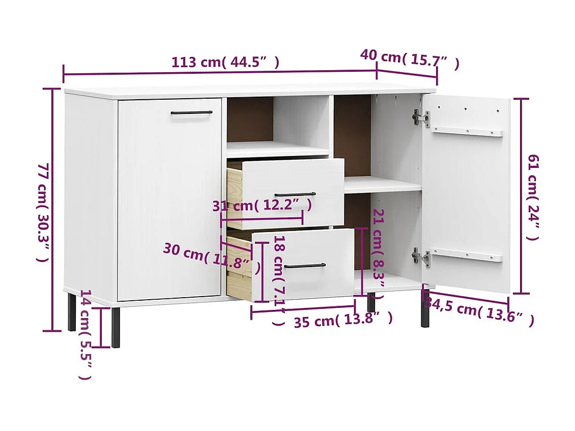 Buffet avec pieds en métal Blanc 113x40x77 cm Bois massif OSLO