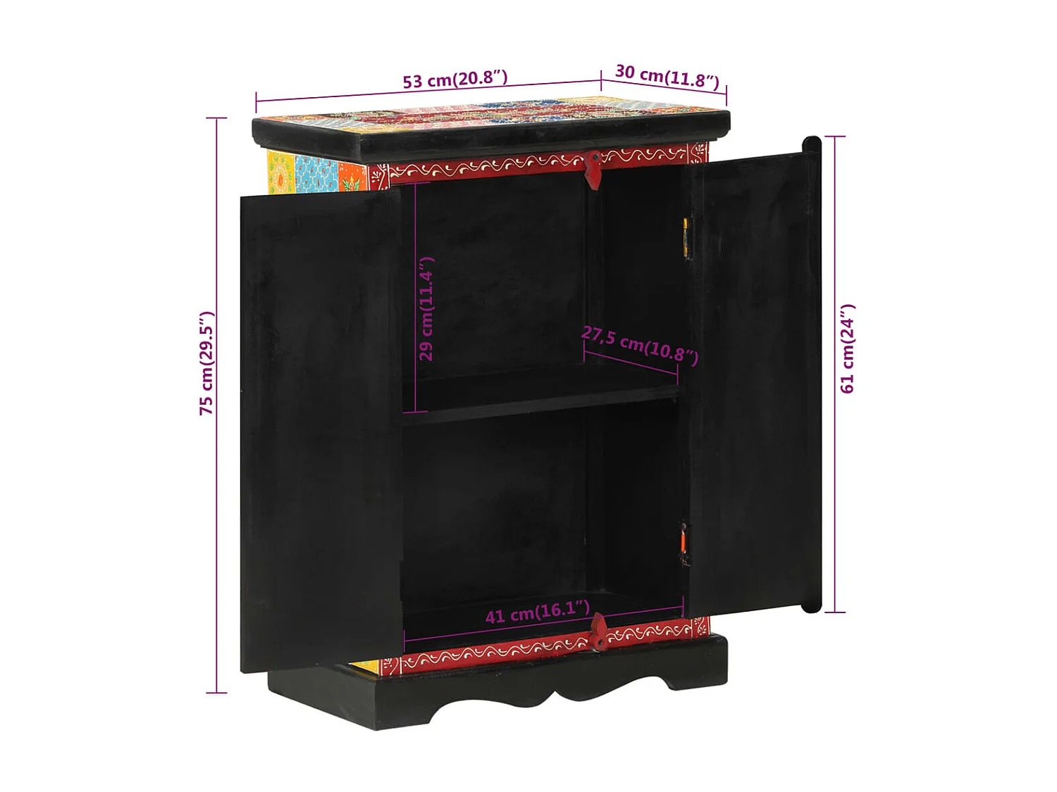 Aparador pintado à mão com portas 53x30x75 cm mangueira maciça