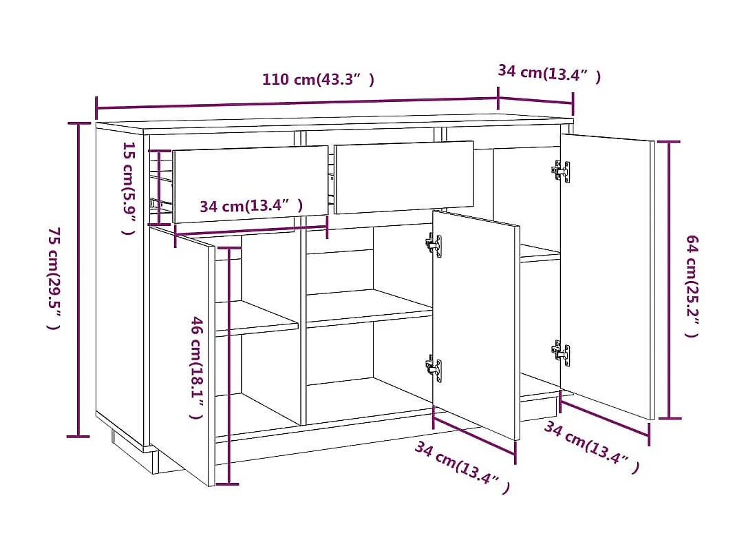 Buffet Blanc 110x34x75 cm Bois massif de pin