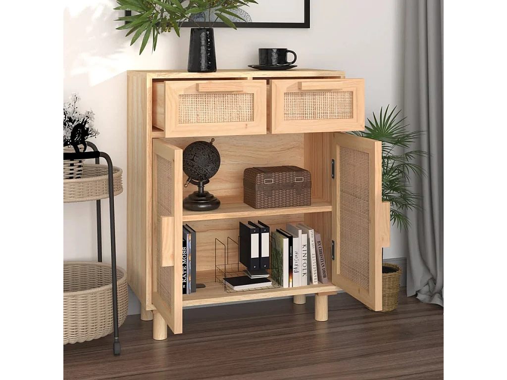 Buffet Marron 60x30x75 cm Bois de pin massif et rotin naturel