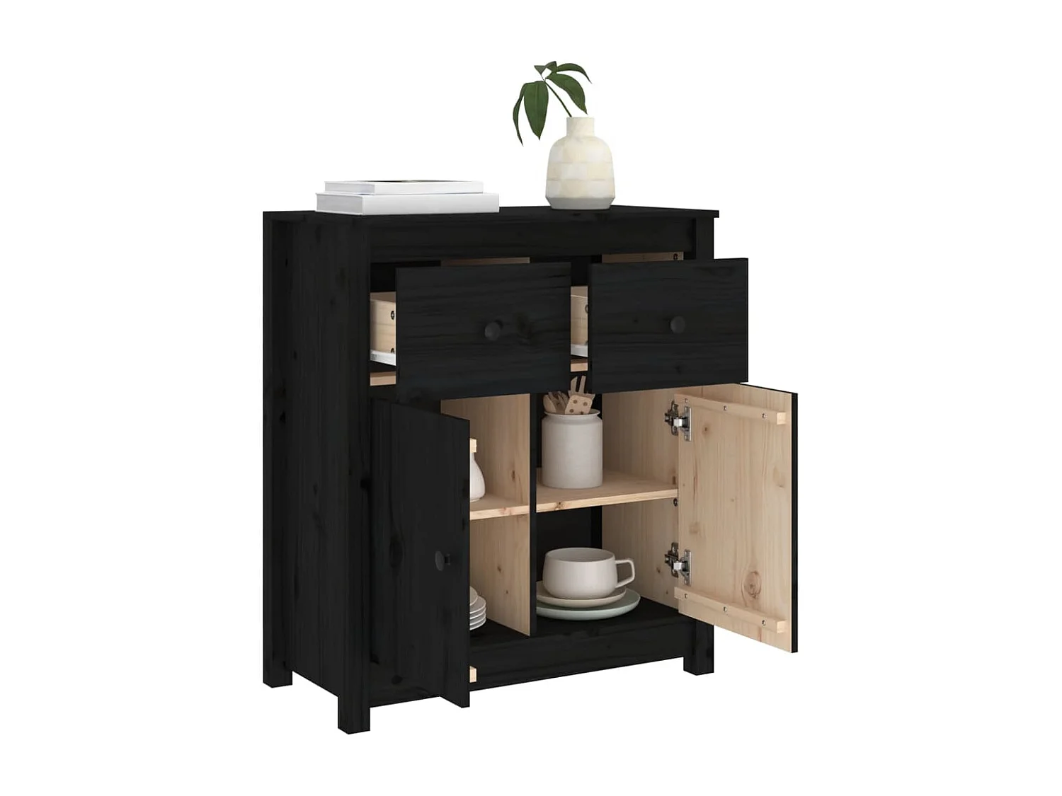 Buffet Noir 70x35x80 cm Bois massif de pin