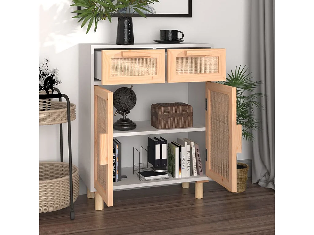 Buffet Blanc 60x30x75 cm Bois de pin massif et rotin naturel