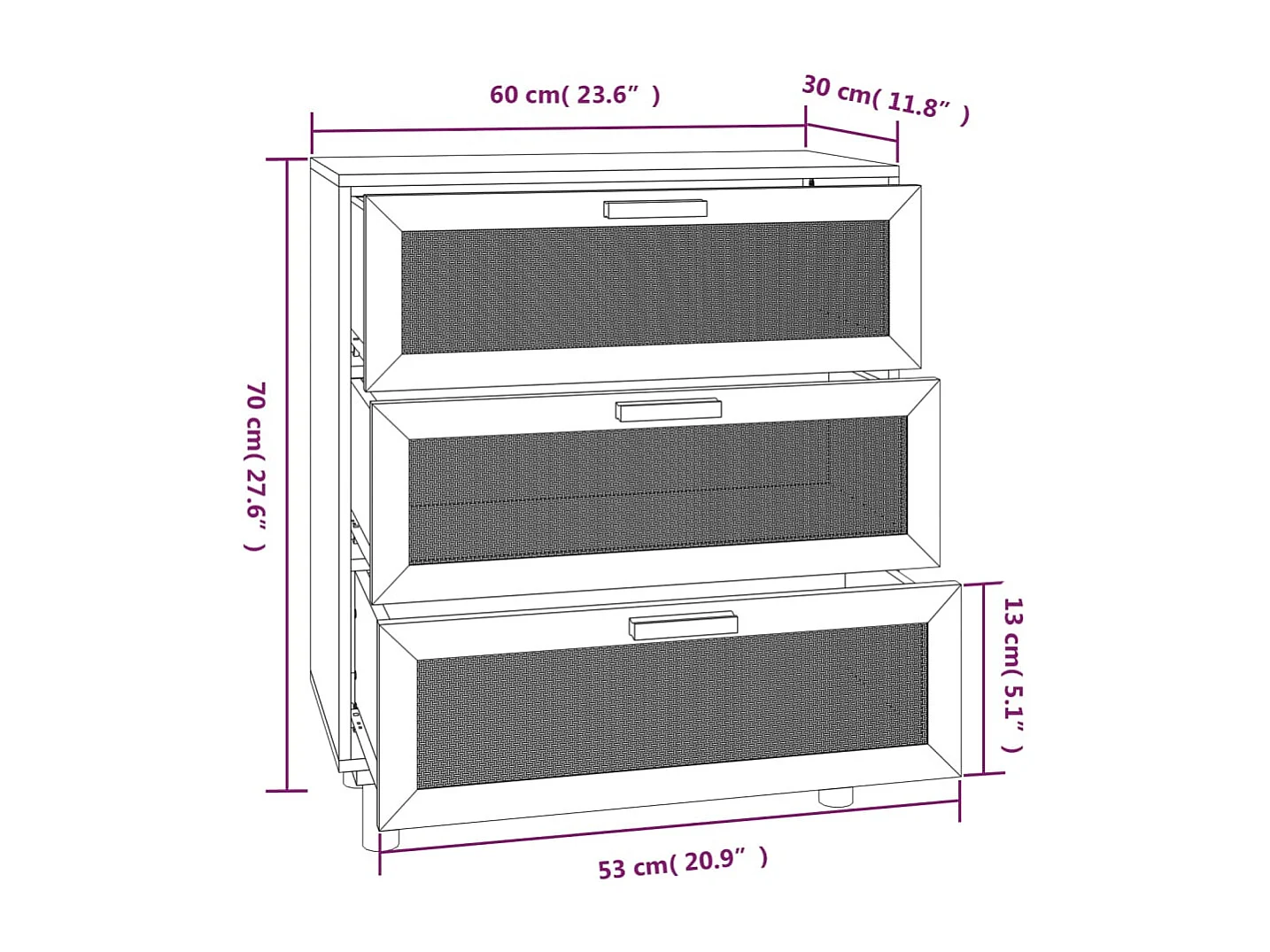Dressoir 60x30x70 cm massief grenenhout en rattan wit
