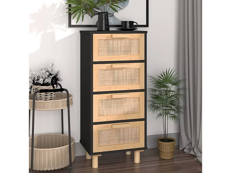 Aparador negro madera pino maciza y ratán natural 40x30x90 cm