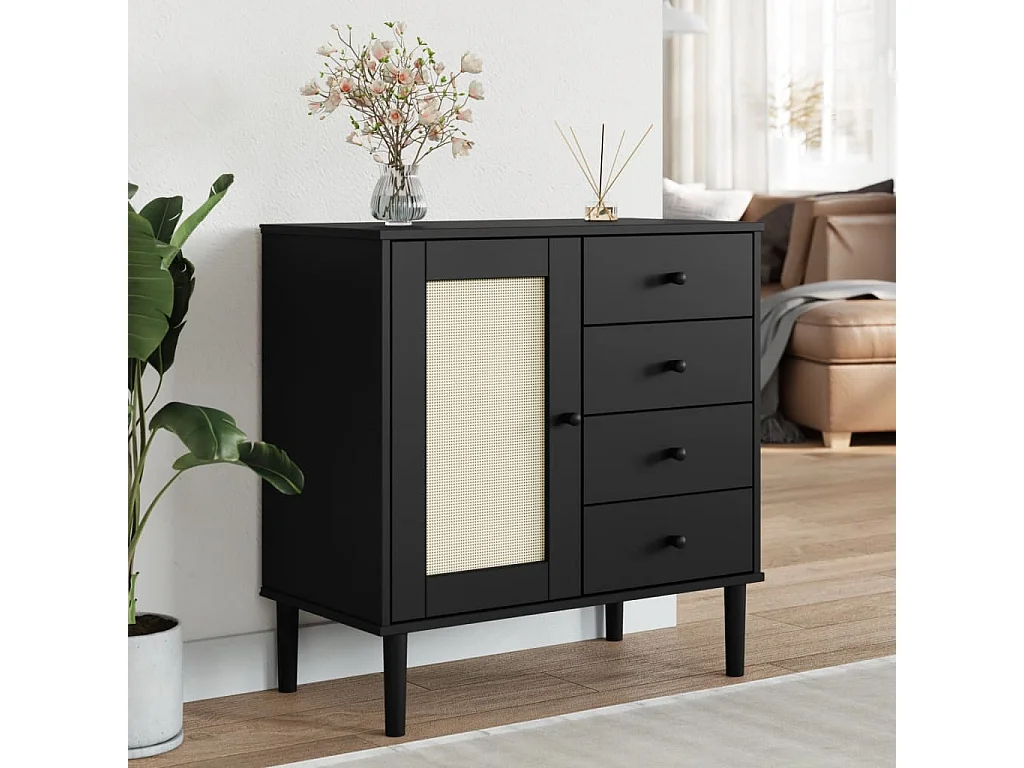 Buffet SENJA aspect rotin noir 80x40x80 cm bois massif de pin