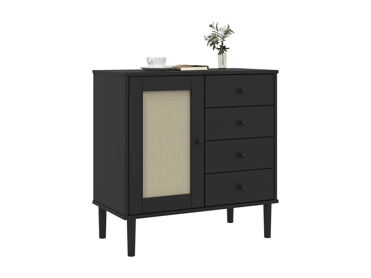Buffet SENJA aspect rotin noir 80x40x80 cm bois massif de pin