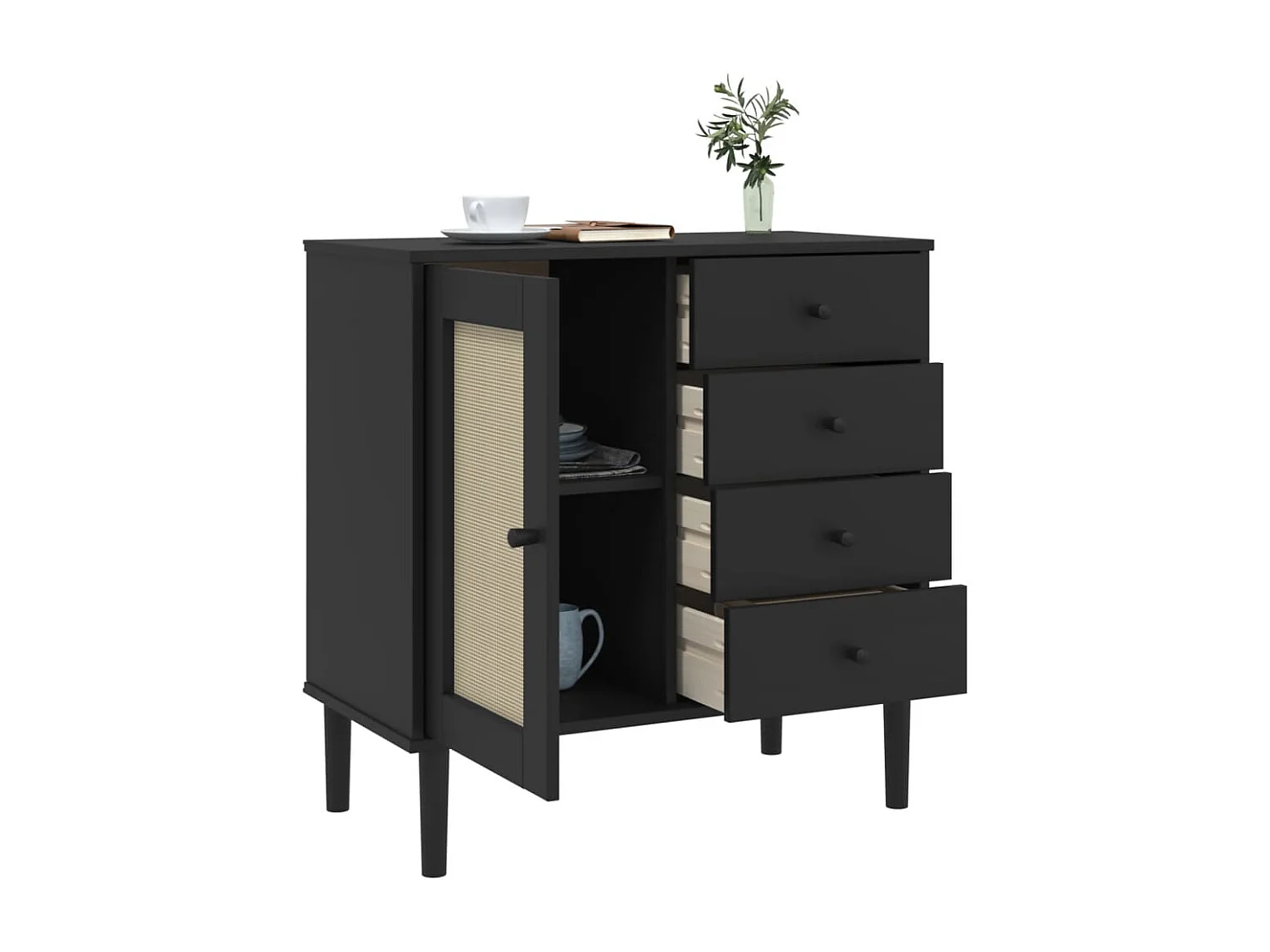 Buffet SENJA aspect rotin noir 80x40x80 cm bois massif de pin