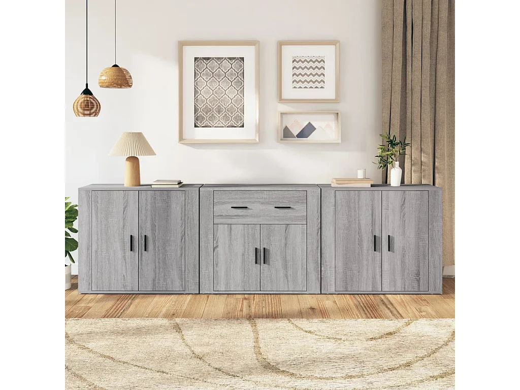 Aparadores 3 piezas madera contrachapada gris Sonoma