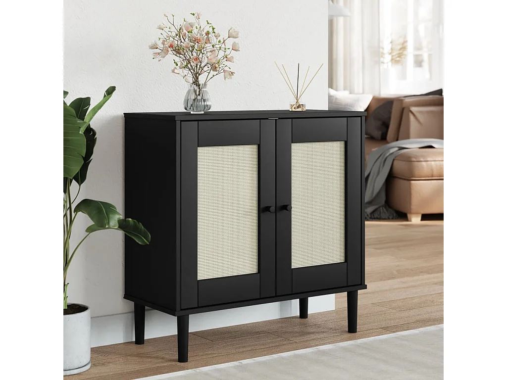 Aparador SENJA aspeto de vime 80x35x80 cm pinho maciço preto