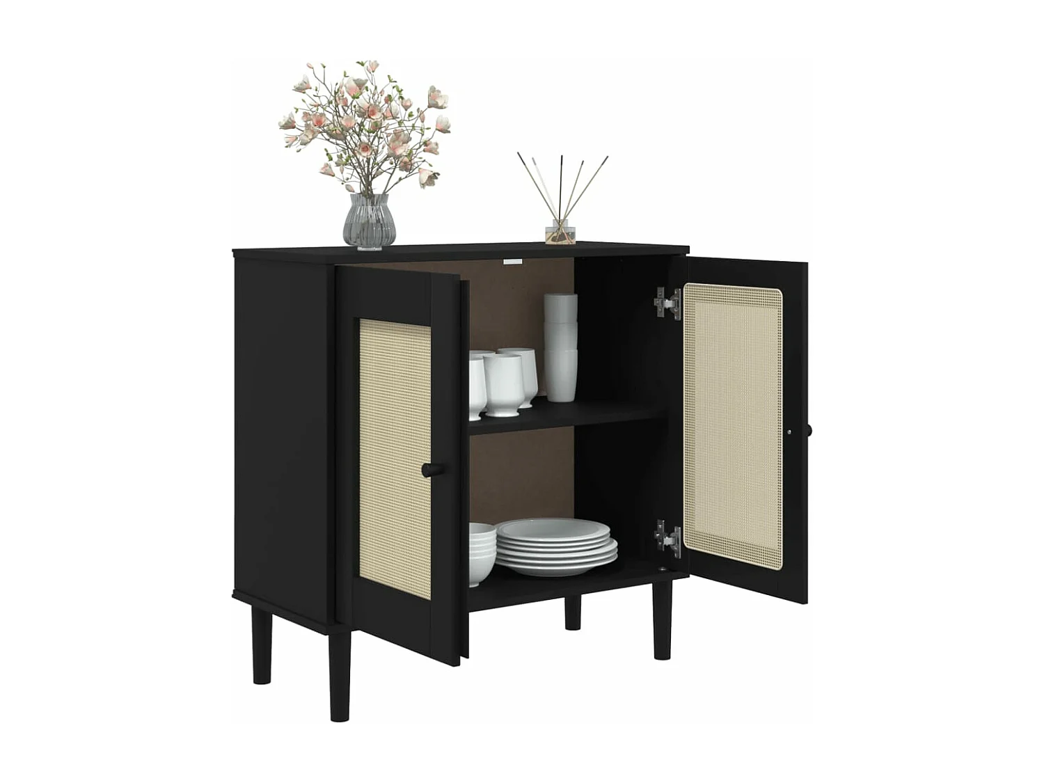 Aparador SENJA aspeto de vime 80x35x80 cm pinho maciço preto