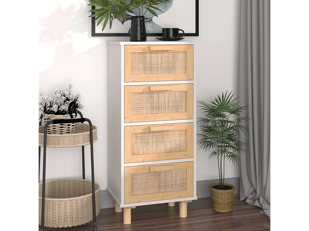 Buffet Blanc 40x30x90 cm Bois de pin massif et rotin naturel