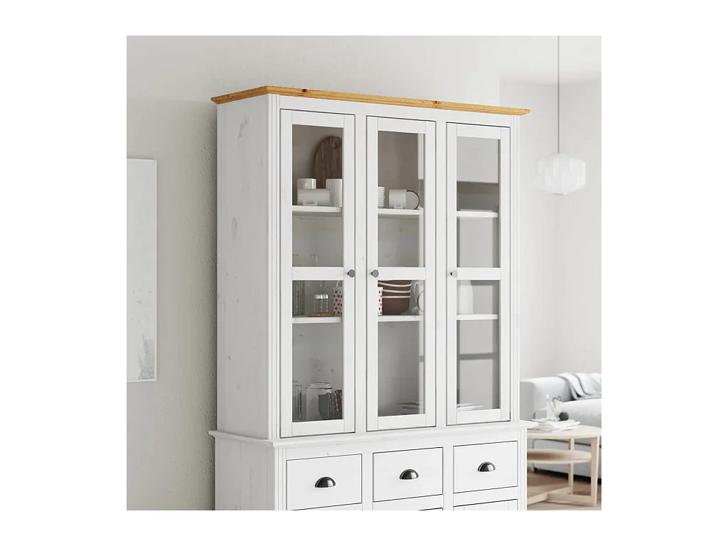 Armoire avec portes vitrées BODO blanc marron bois pin massif