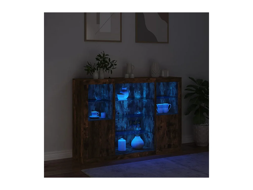 Aparador con luz LED 3 piezas madera de ingeniería roble ahumado