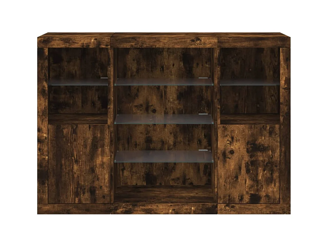 Aparador con luz LED 3 piezas madera de ingeniería roble ahumado